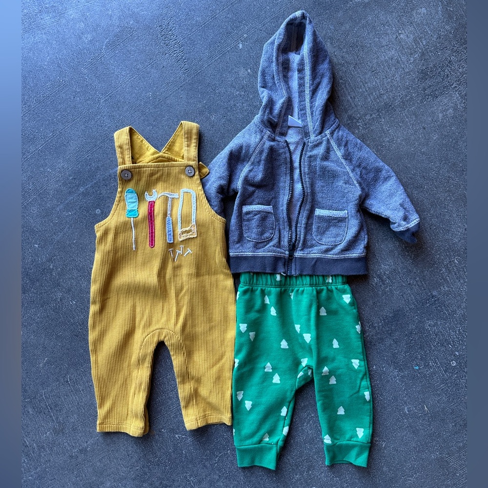 3-6mo spring outfits - Hooded Sweatshirt, Pants, Mud Pie Overalls and Onesie